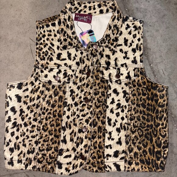 Vintage Denim & Co Leopard Print Jean Vest L - Picture 1 of 6